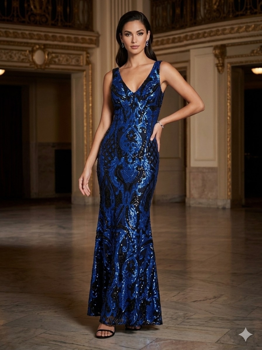 NWT David Meister Embroidered Sequin V-Neck Mermaid Evening Maxi/Prom Gown Sz:2